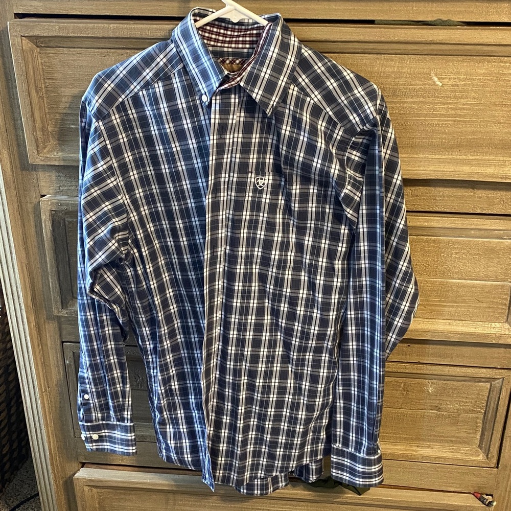 Ariat Navy and White Plaid Button Down Shirt
